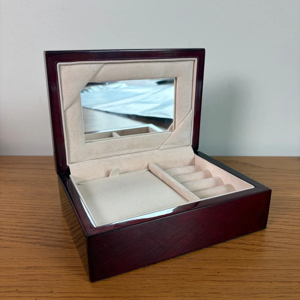 Gloss Finish  Cherry Wood Finish Jewelry Box Small Mirror Ring Organizer Box